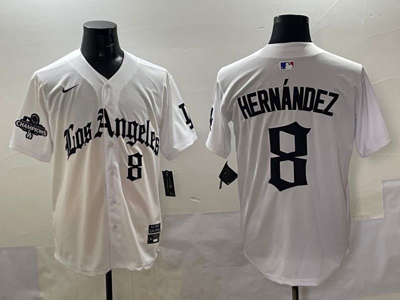 Men 2025 Los Angeles Dodgers #8 Hernandez White Five generations Joint Name Nike MLB Jersey style 5180